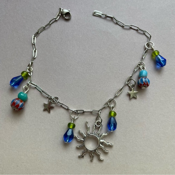 Fashion Jewelry Jewelry - Silver Sun Stars Charm Anklet/Bracelet with Blue and Green Beads